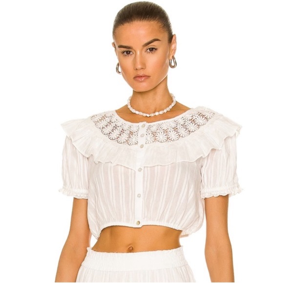 LoveShackFancy Elaina White Lace Ruffle Crop Top Blouse Size Small - Picture 9 of 9